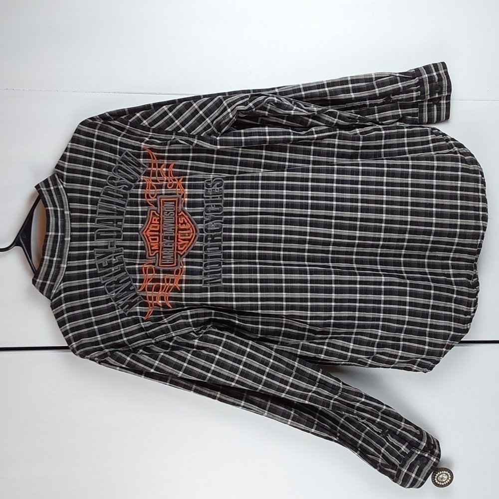 Harley Davidson| Mens Black/White Plaid Shirt Harley Logo Motorcycle Biker Sz.L
